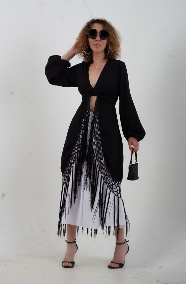 Siyah Püsküllü Keten Kimono