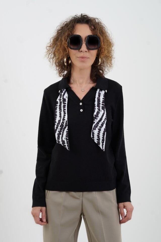 Siyah Polo Yaka Fularlı Uzun Kol Kazak