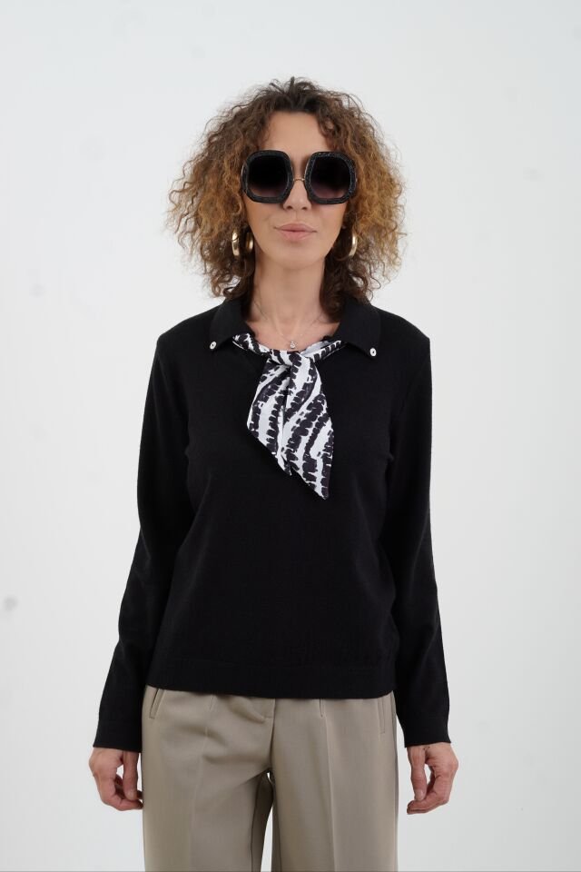 Siyah Polo Yaka Fularlı Uzun Kol Kazak