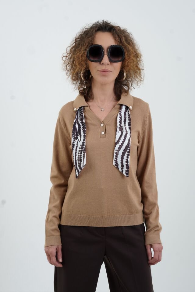 Camel Polo Yaka Fularlı Uzun Kol Kazak