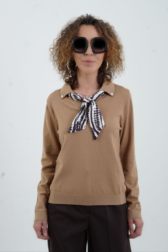 Camel Polo Yaka Fularlı Uzun Kol Kazak