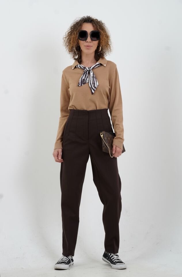 Camel Polo Yaka Fularlı Uzun Kol Kazak