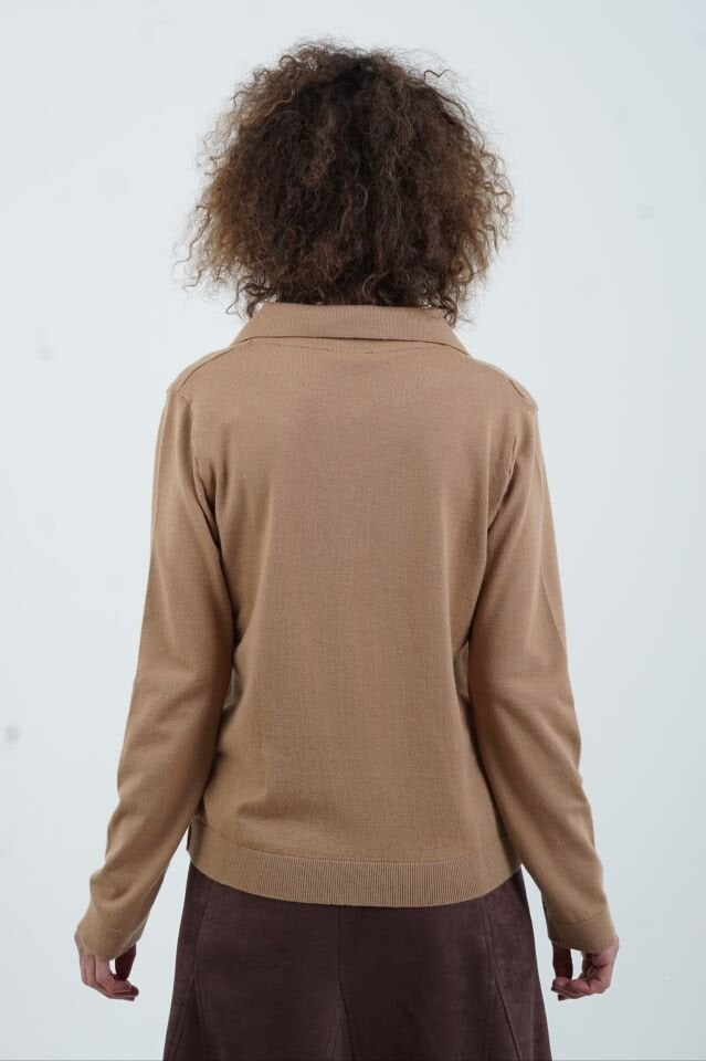 Camel Polo Yaka Fularlı Uzun Kol Kazak