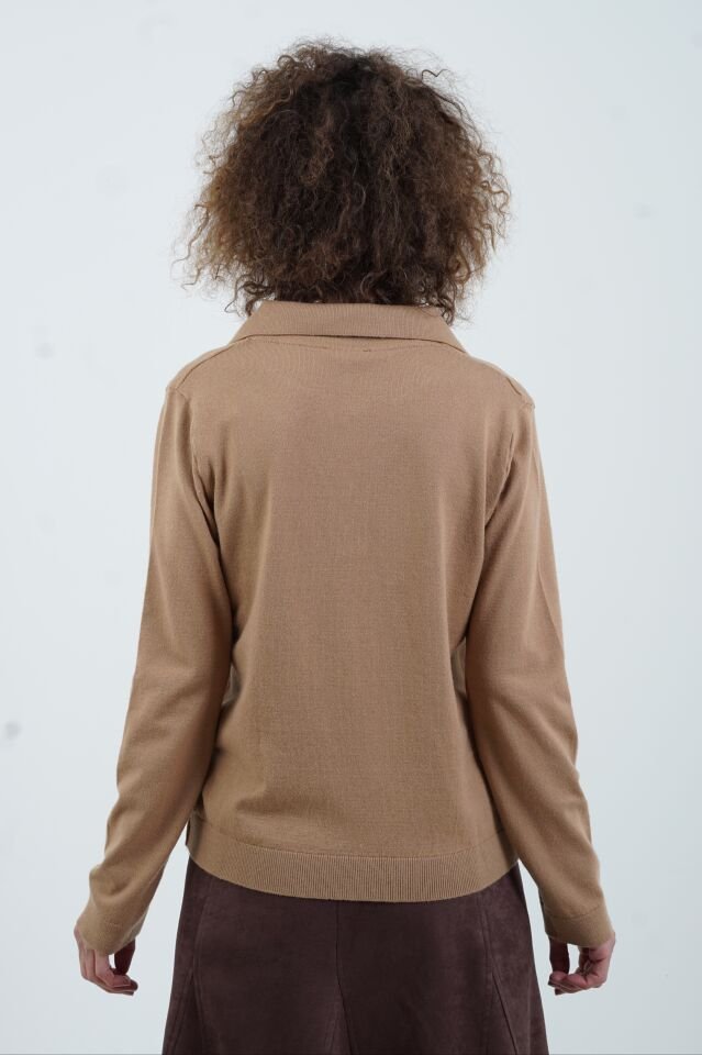 Camel Polo Yaka Fularlı Uzun Kol Kazak
