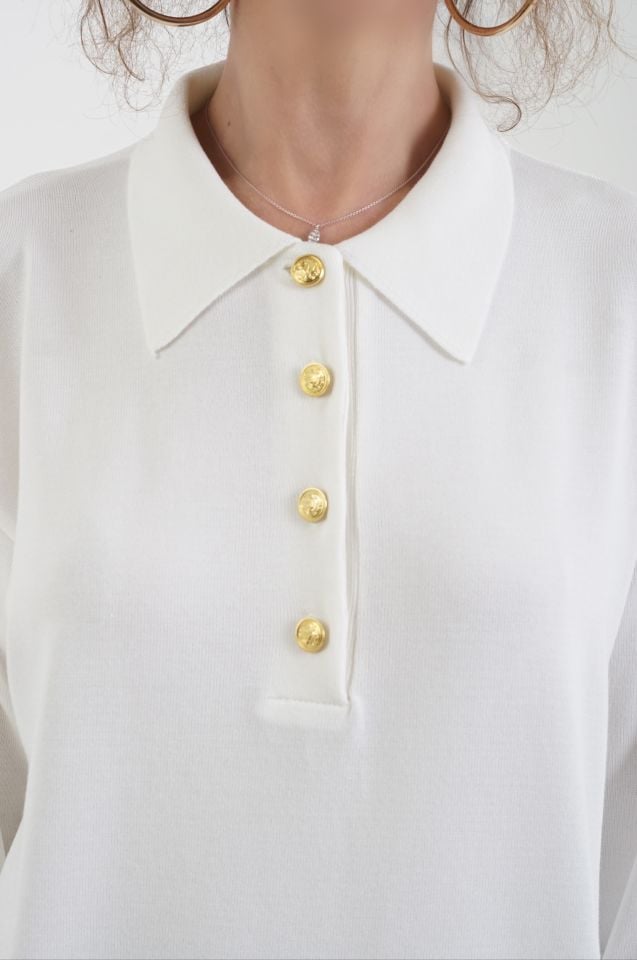 Ekru Gold Düğmeli Polo Yaka Kazak