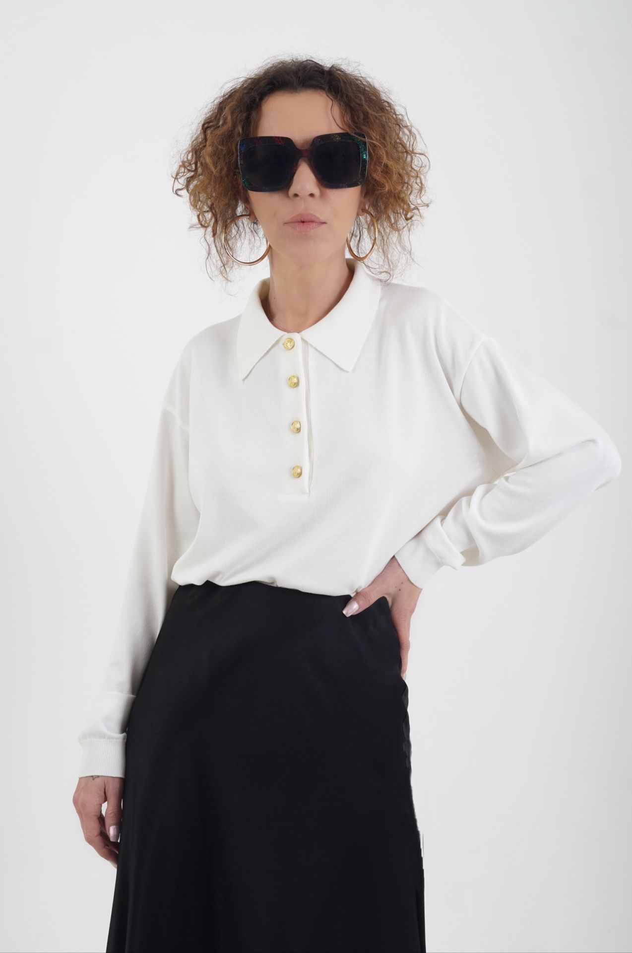 Ekru Gold Düğmeli Polo Yaka Kazak