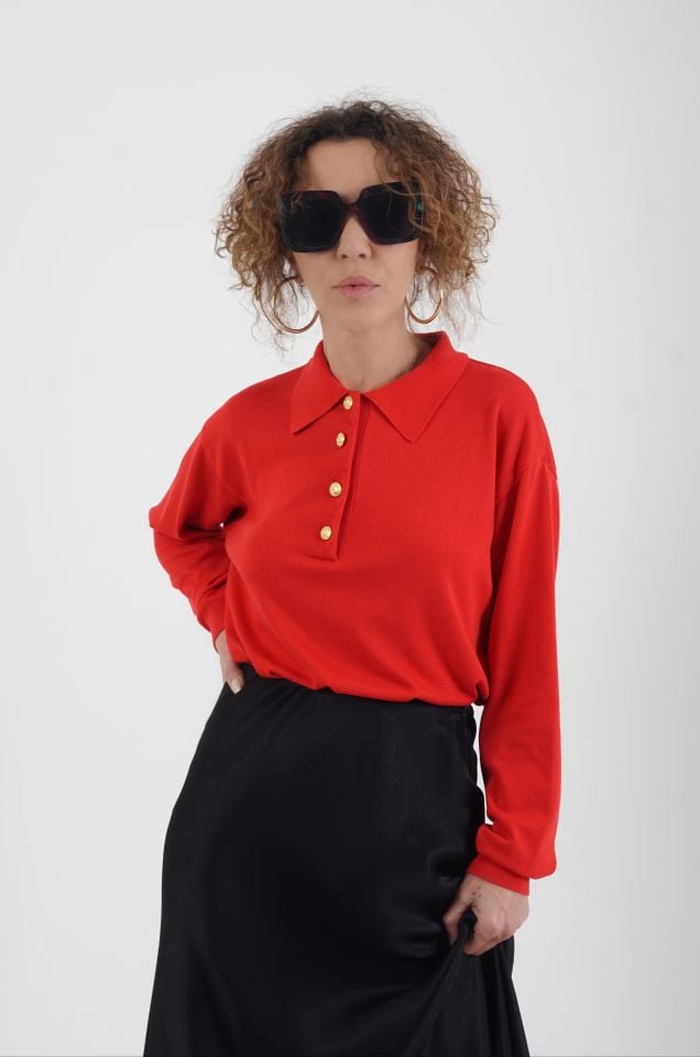 Kırmızı Gold Düğmeli Polo Yaka  Kazak