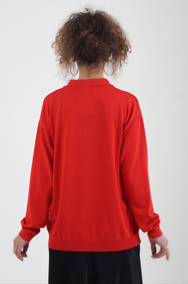 Kırmızı Gold Düğmeli Polo Yaka  Kazak