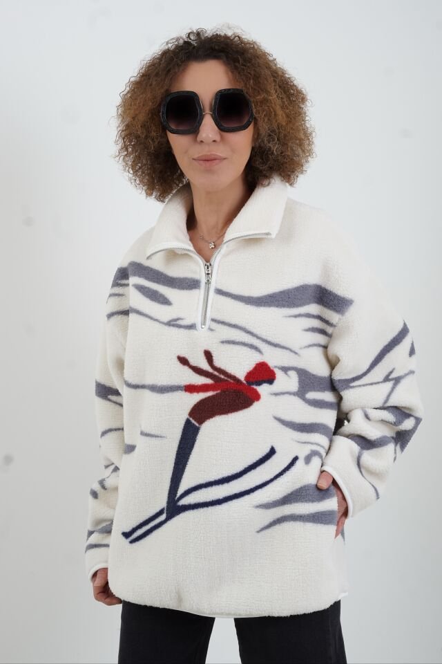 Ekru Kayak Desenli Polar Sweatshirt