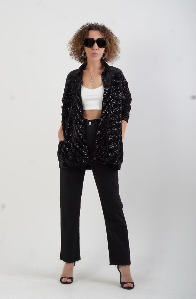 Siyah Pul Payet Bomber Ceket