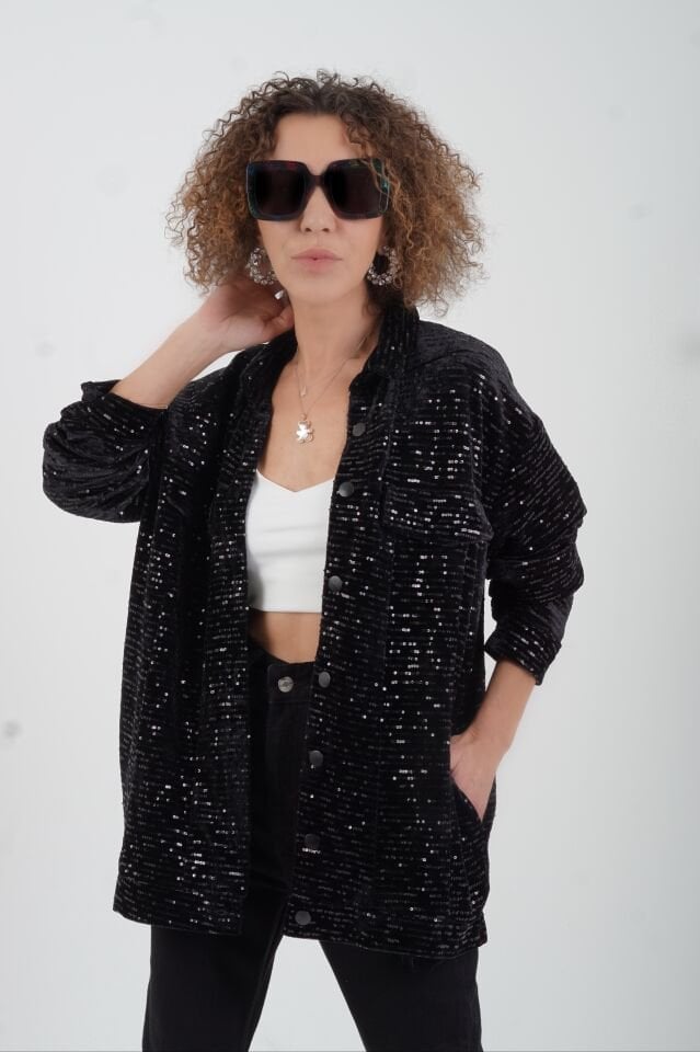 Siyah Pul Payet Bomber Ceket