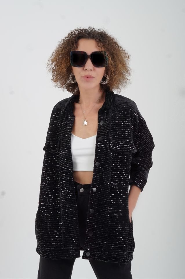Siyah Pul Payet Bomber Ceket