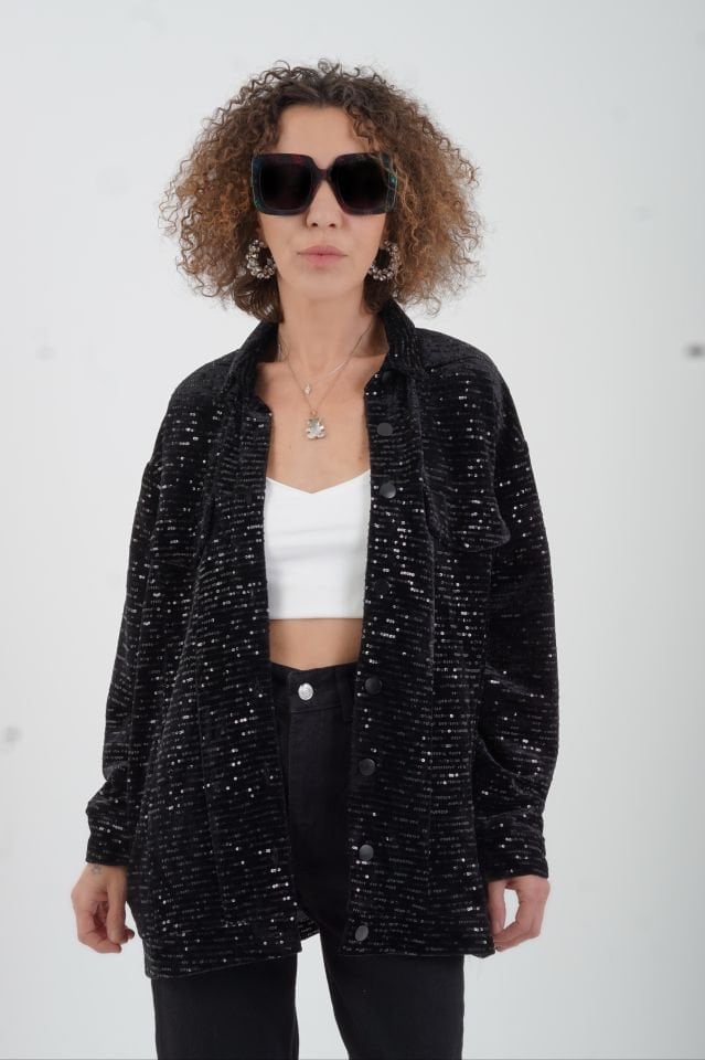 Siyah Pul Payet Bomber Ceket