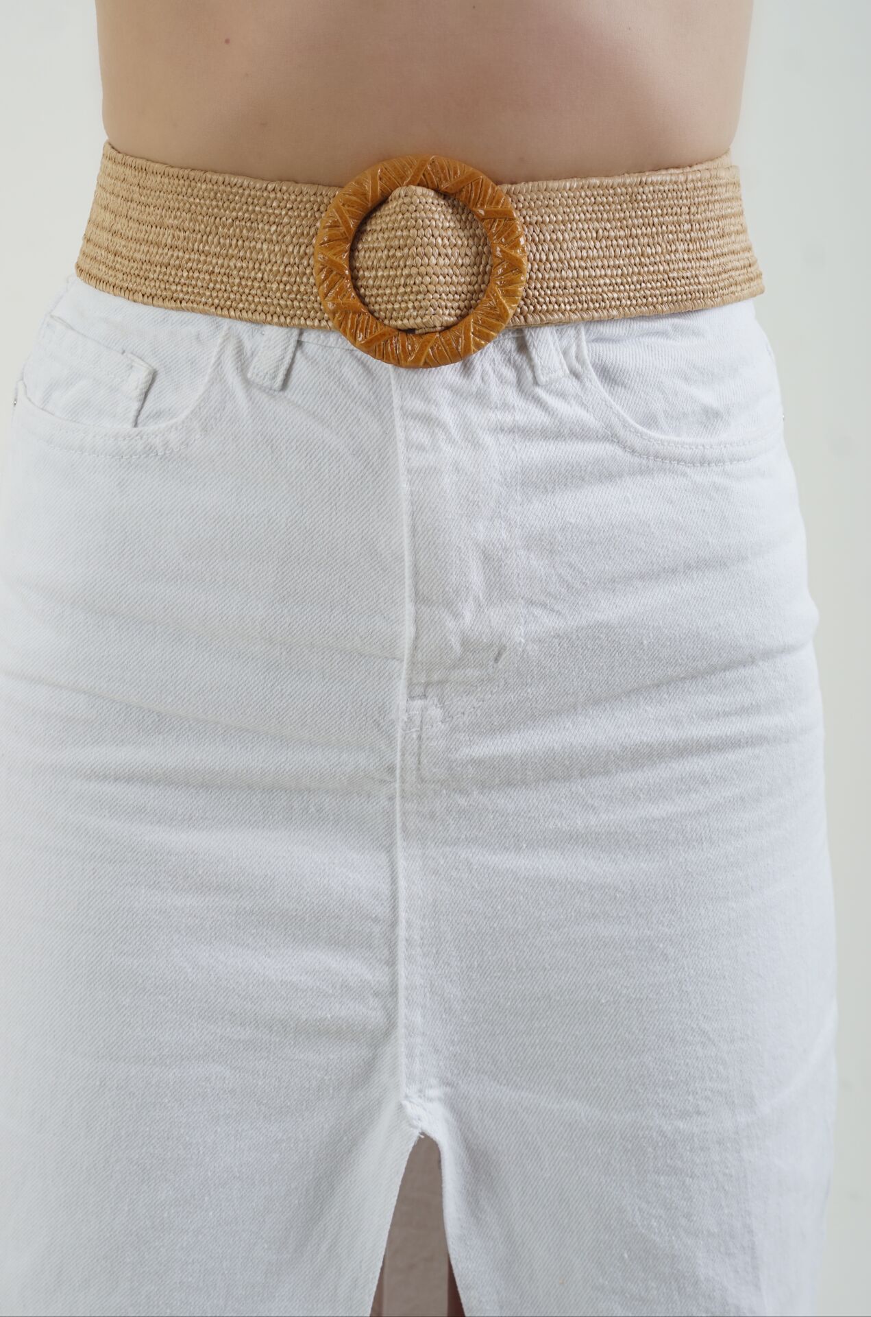 Bej Oval Tokalı  Esnek Kemer