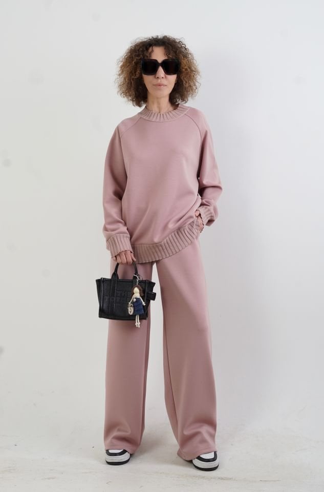 Pudra O Yaka Triko Detay Modal Sweatshirt Pantolon Takım