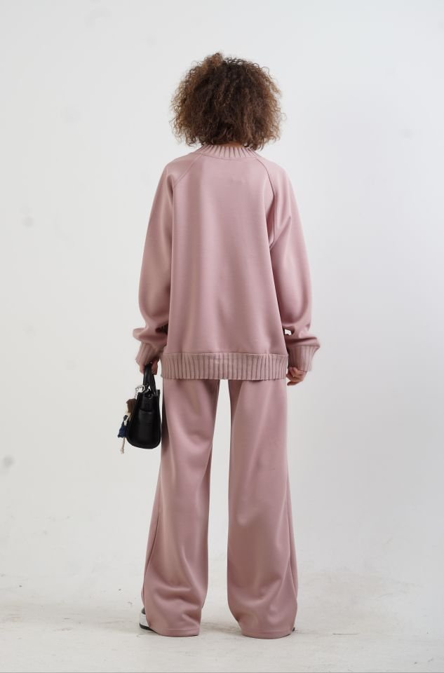 Pudra O Yaka Triko Detay Modal Sweatshirt Pantolon Takım