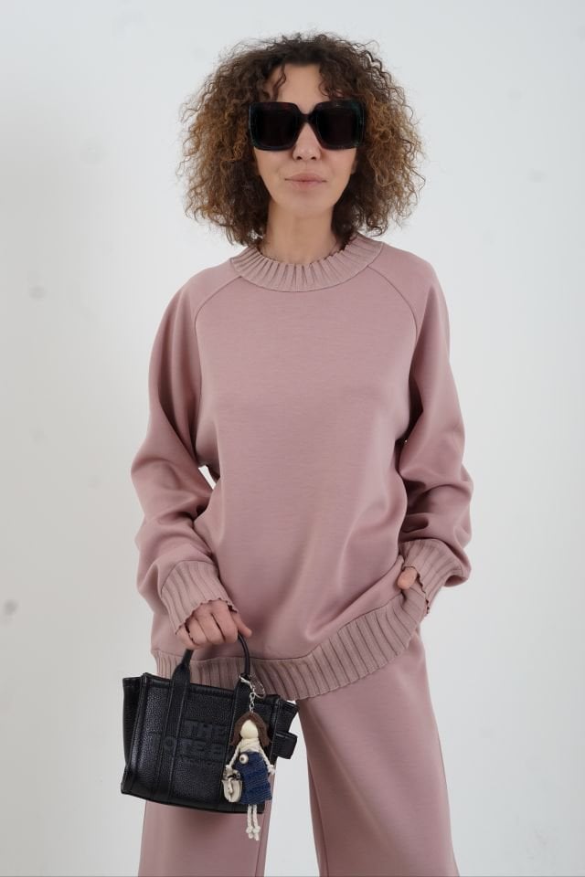 Pudra O Yaka Triko Detay Modal Sweatshirt Pantolon Takım
