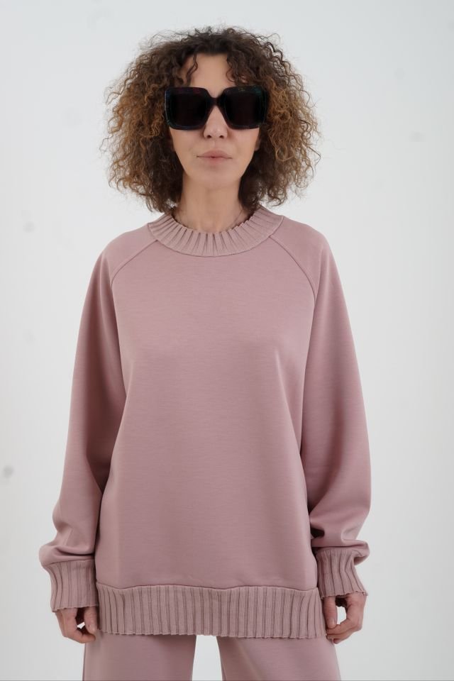 Pudra O Yaka Triko Detay Modal Sweatshirt Pantolon Takım