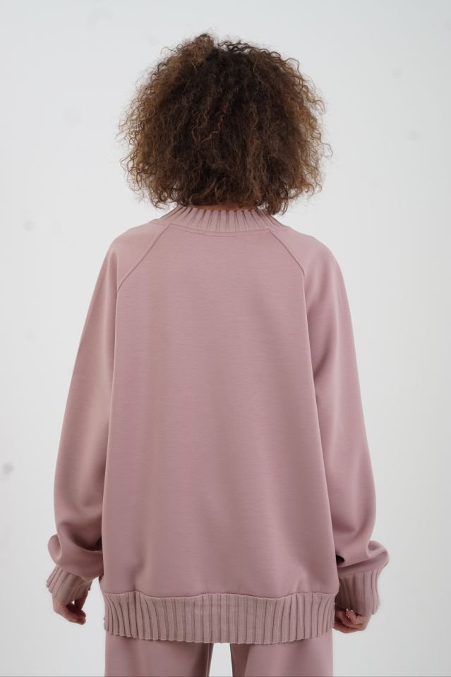 Pudra O Yaka Triko Detay Modal Sweatshirt Pantolon Takım