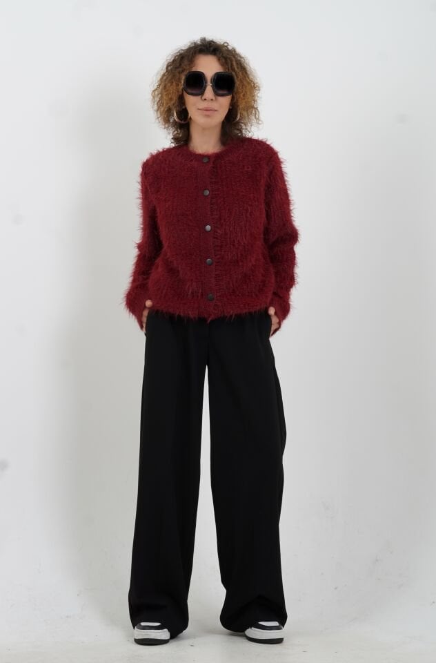 Bordo Sakallı Düğmeli Hırka