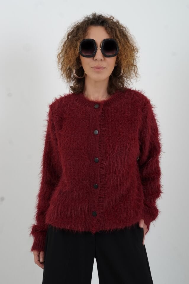 Bordo Sakallı Düğmeli Hırka