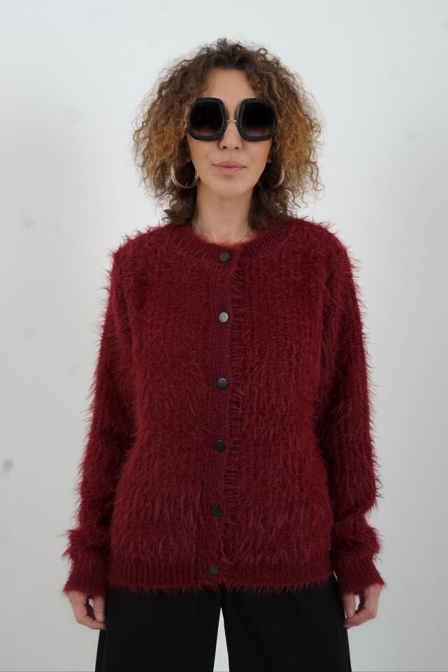 Bordo Sakallı Düğmeli Hırka