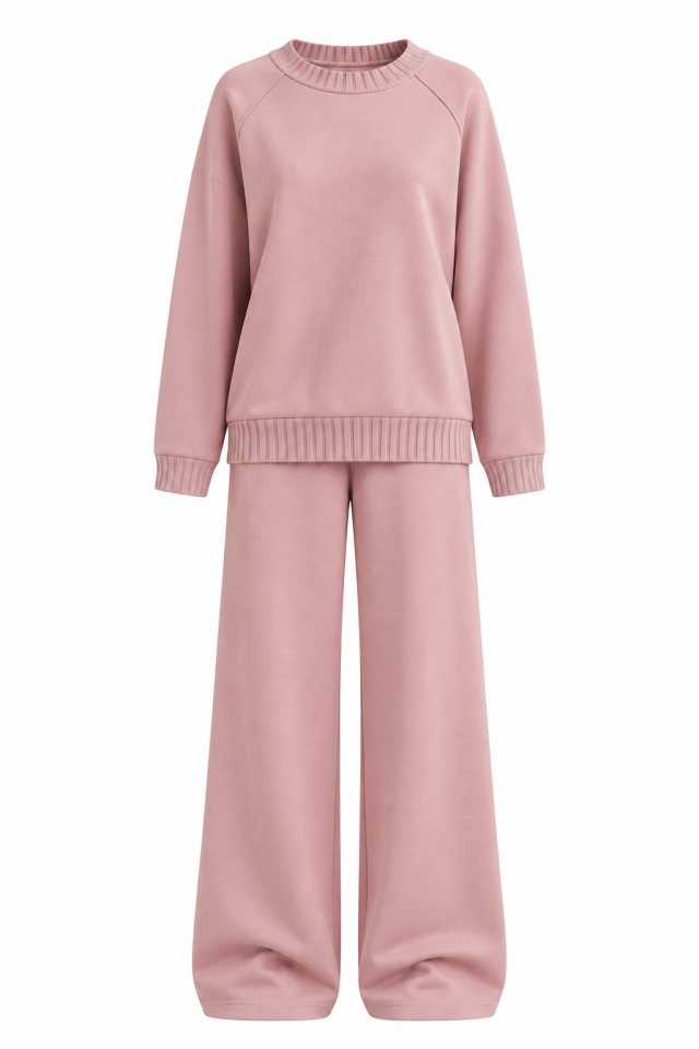 Pudra O Yaka Triko Detay Modal Sweatshirt Pantolon Takım
