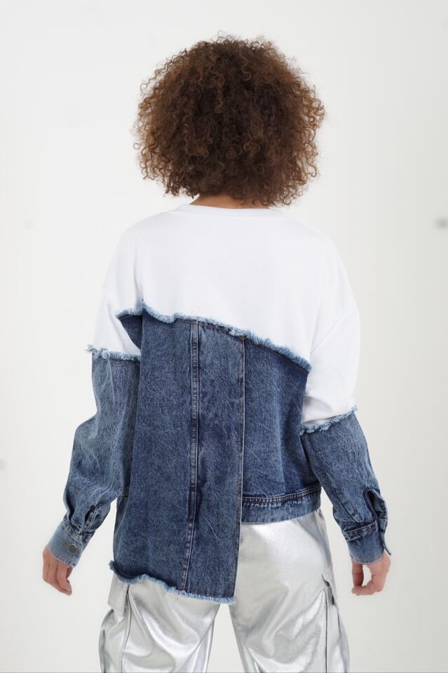 Ekru Denim Detaylı Asimetrik Sweat