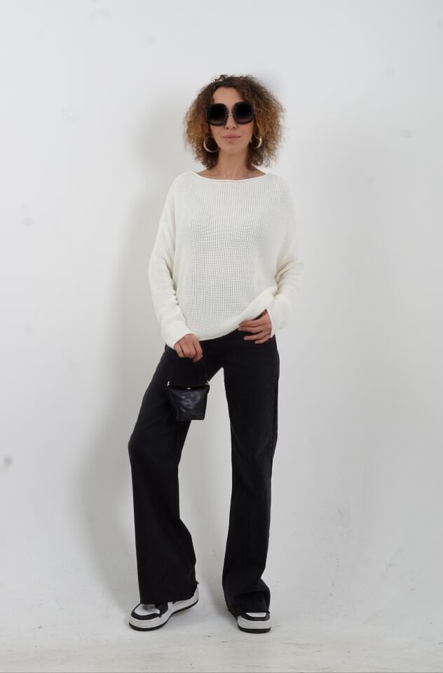 Ekru Kayık Yaka Basic Triko Kazak