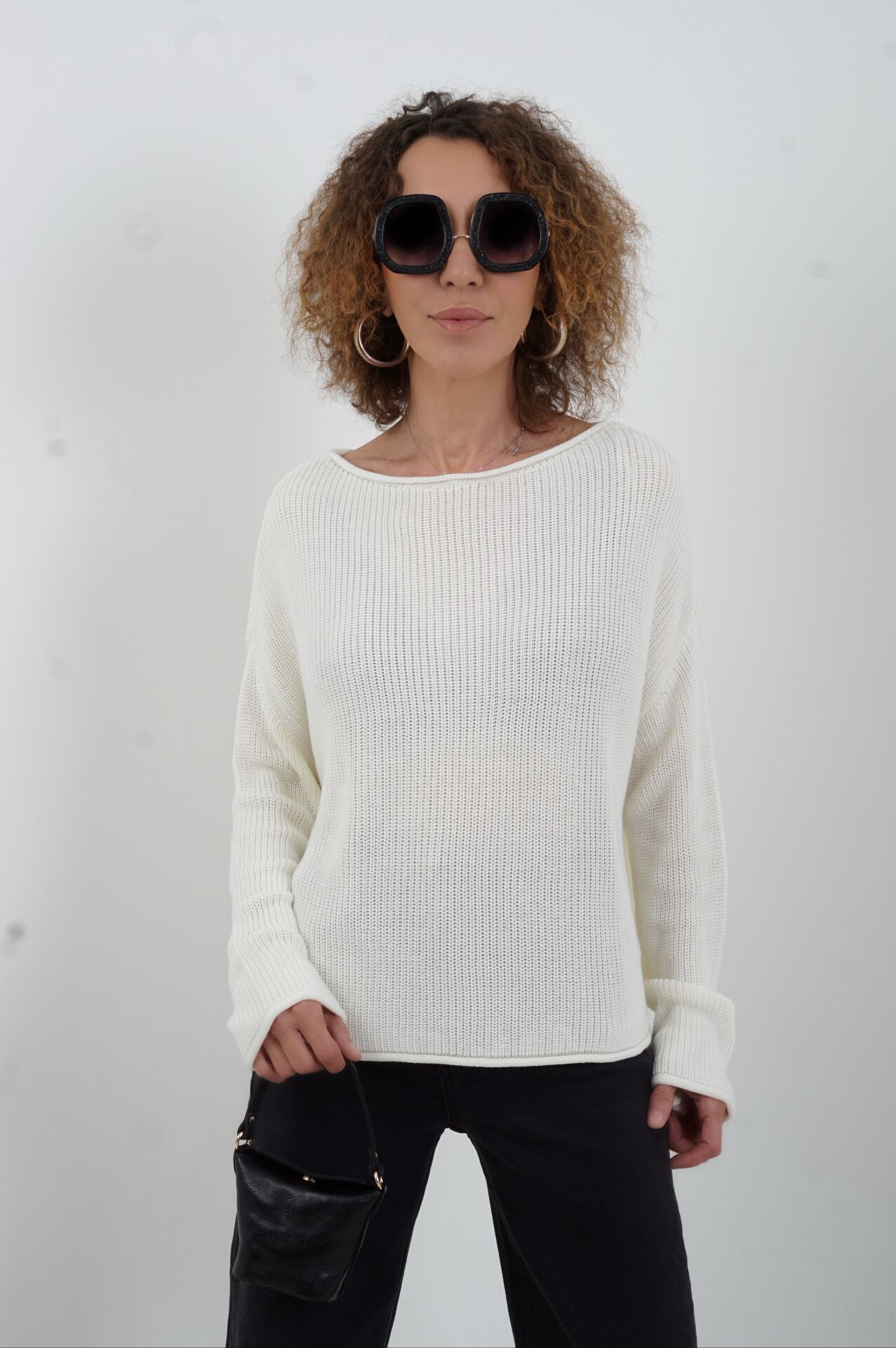 Ekru Kayık Yaka Basic Triko Kazak