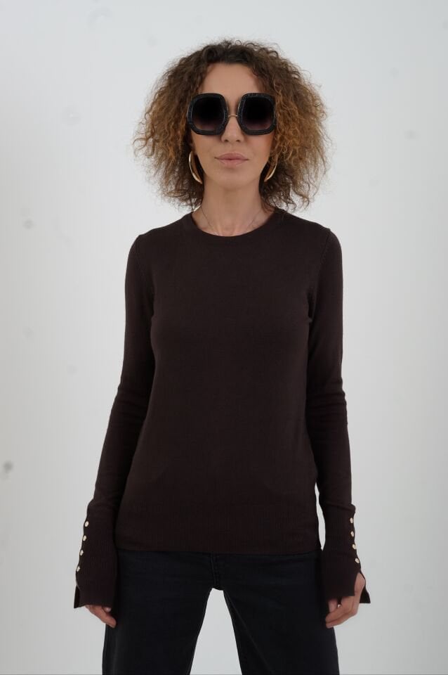 Koyu Kahve O Yaka Kolu Droplu Kazak