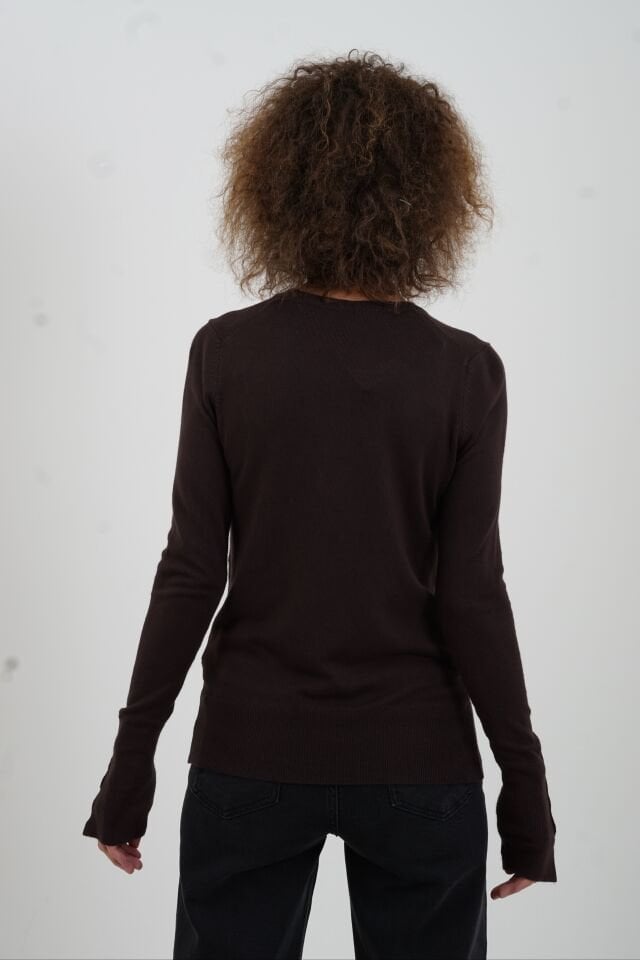 Koyu Kahve O Yaka Kolu Droplu Kazak