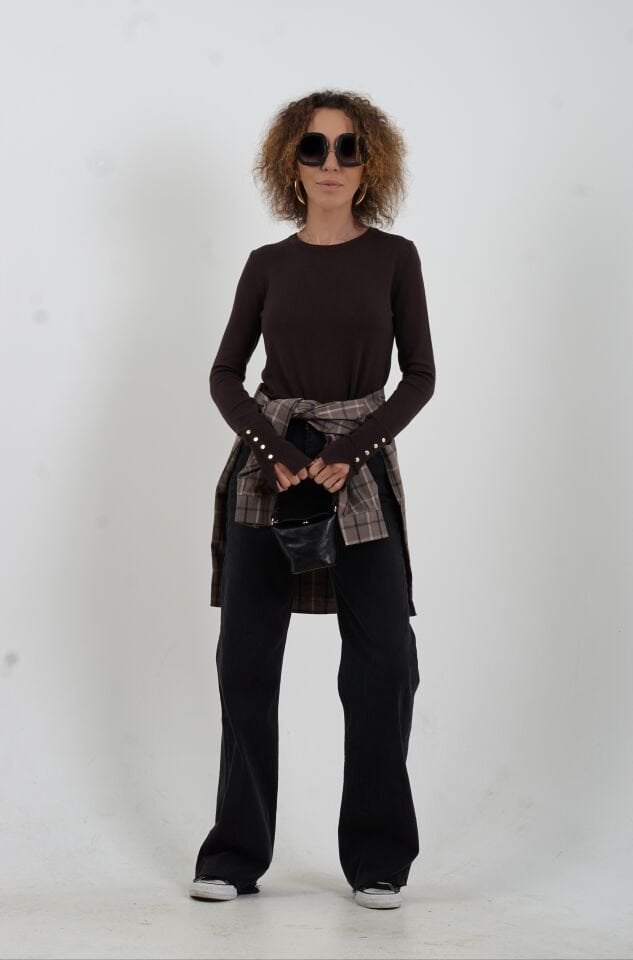 Koyu Kahve O Yaka Kolu Droplu Kazak