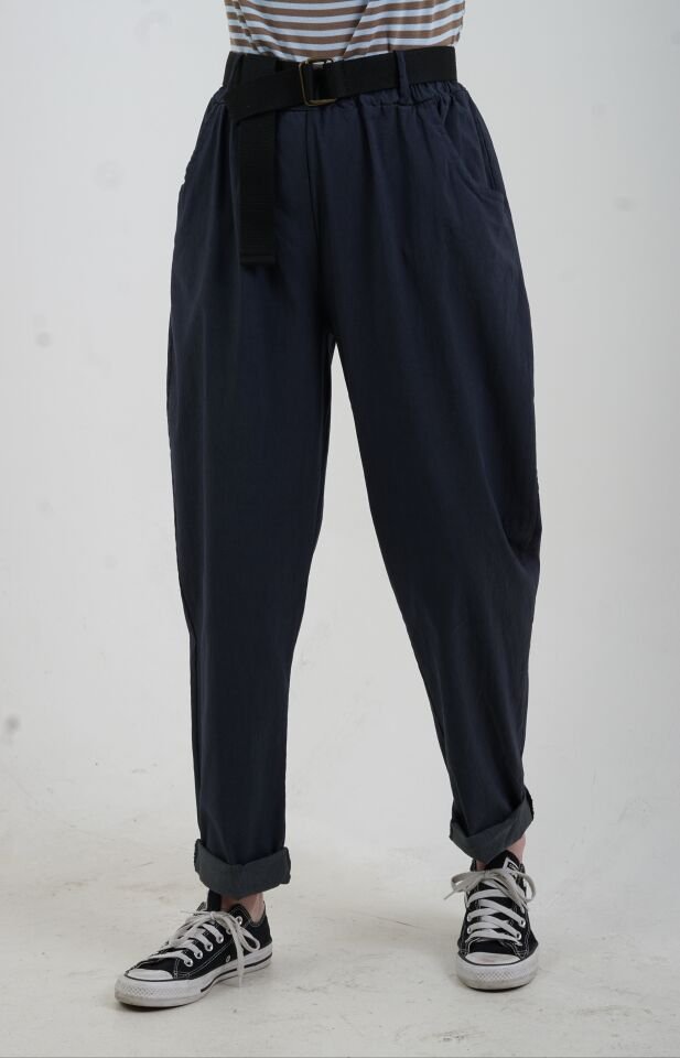 Lacivert Kemerli Likralı Pantolon