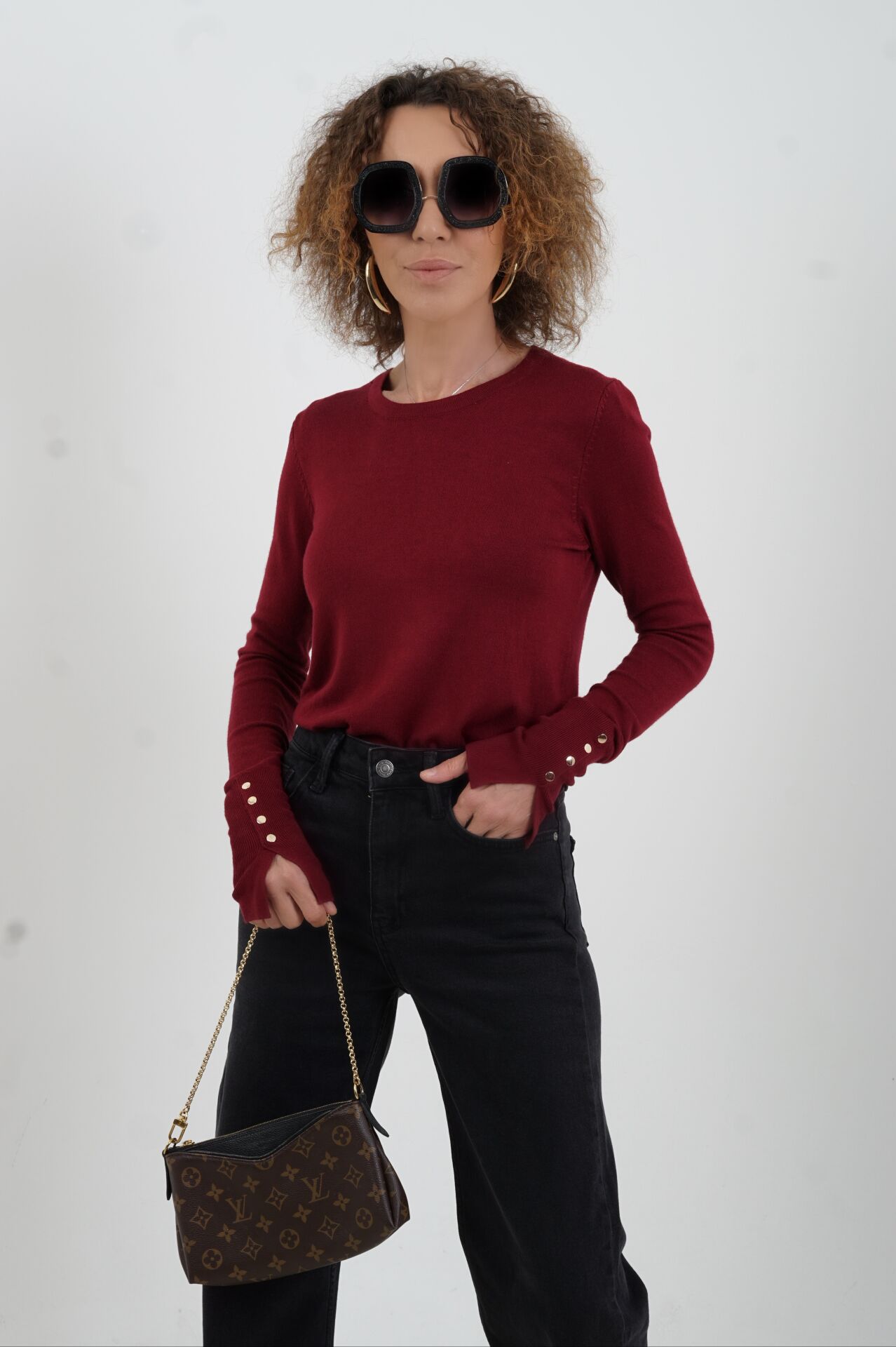 Bordo O Yaka Kolu Droplu Kazak