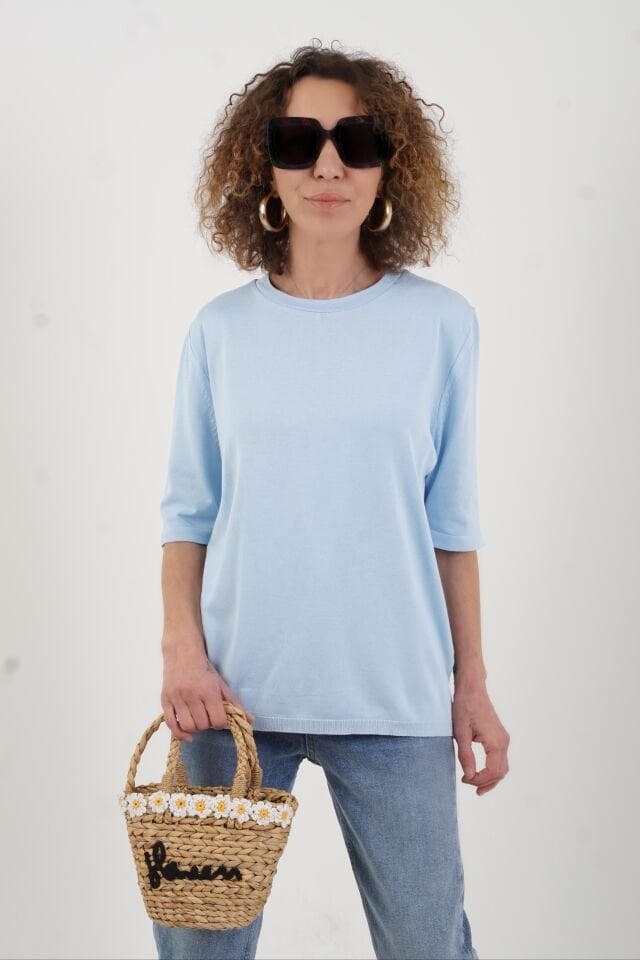 Mavi Bisiklet Yaka Arka Damla Kısa Kol Kazak