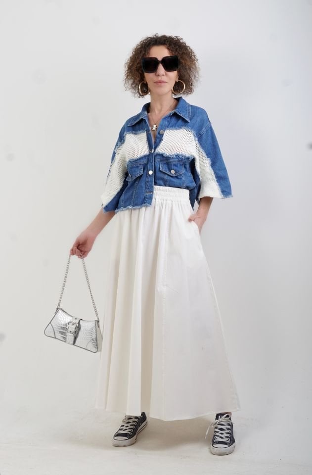 Mavi Ekru Triko Detaylı Denim Ceket