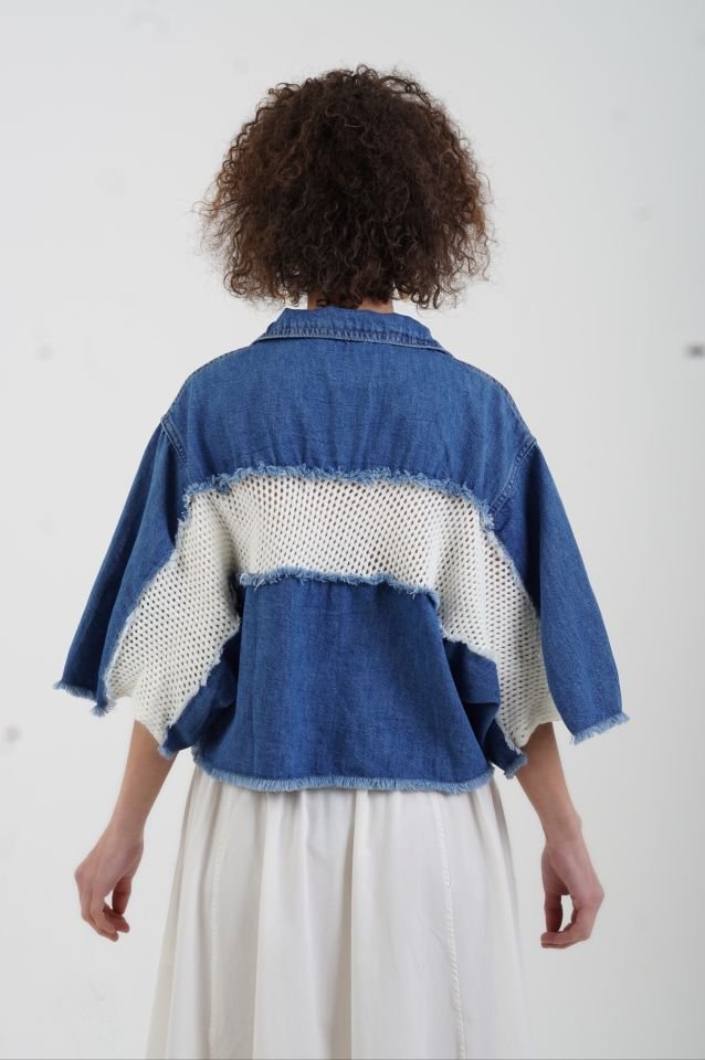 Mavi Ekru Triko Detaylı Denim Ceket