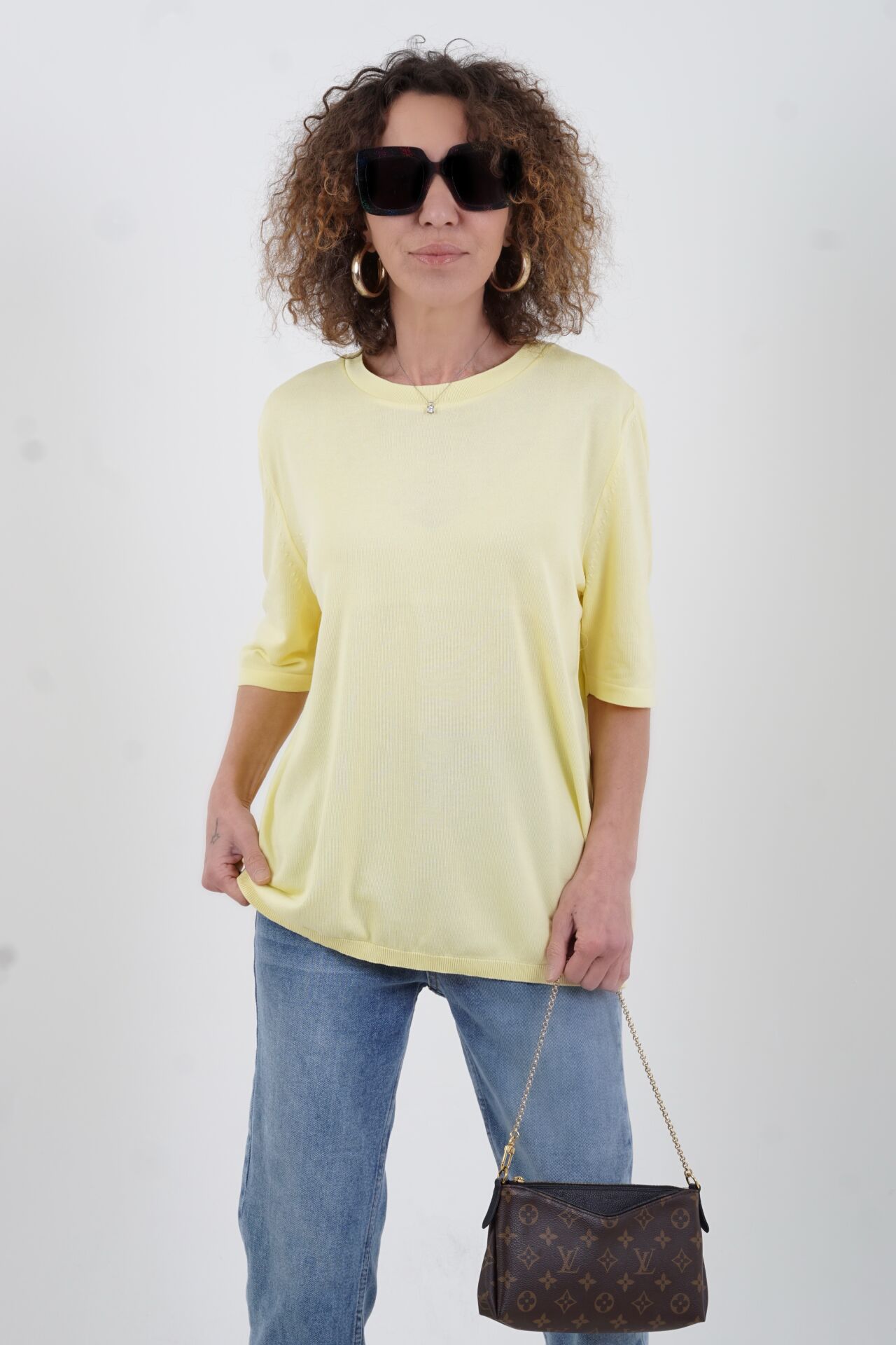 Sarı Bisiklet Yaka Arka Damla Kısa Kol Kazak