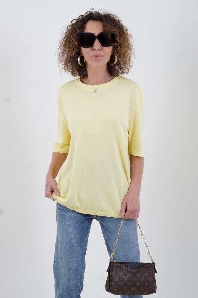 Sarı Bisiklet Yaka Arka Damla Kısa Kol Kazak