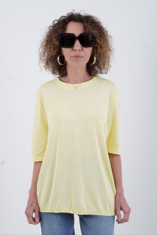 Sarı Bisiklet Yaka Arka Damla Kısa Kol Kazak