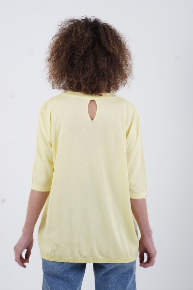 Sarı Bisiklet Yaka Arka Damla Kısa Kol Kazak