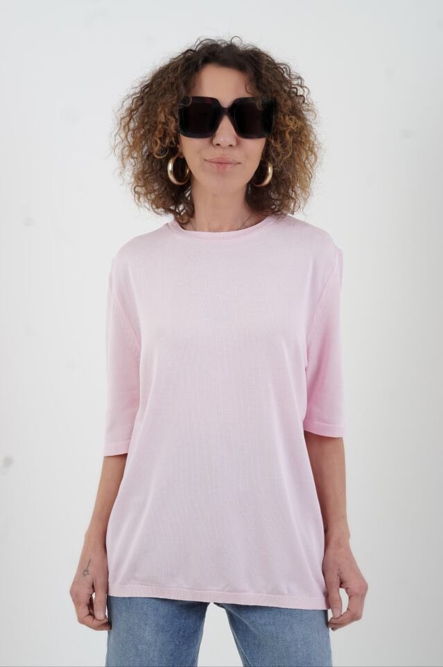 Pembe Bisiklet  Yaka Arka Damla Kısa Kol Kazak