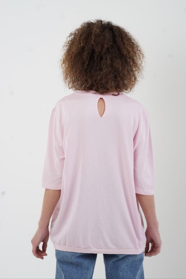 Pembe Bisiklet  Yaka Arka Damla Kısa Kol Kazak