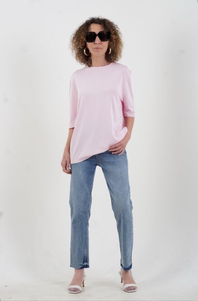 Pembe Bisiklet  Yaka Arka Damla Kısa Kol Kazak