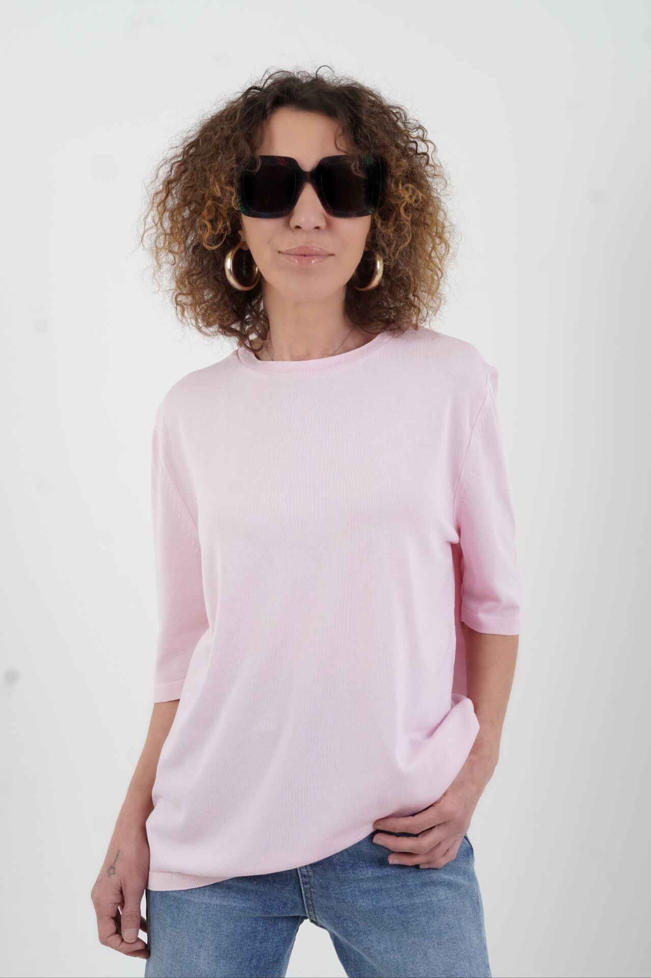 Pembe Bisiklet  Yaka Arka Damla Kısa Kol Kazak