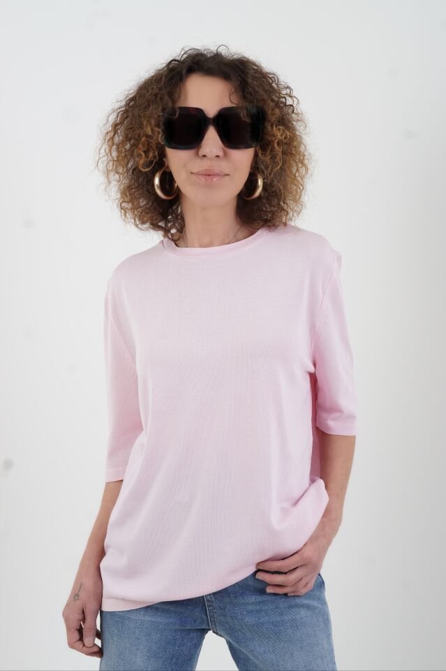 Pembe Bisiklet  Yaka Arka Damla Kısa Kol Kazak