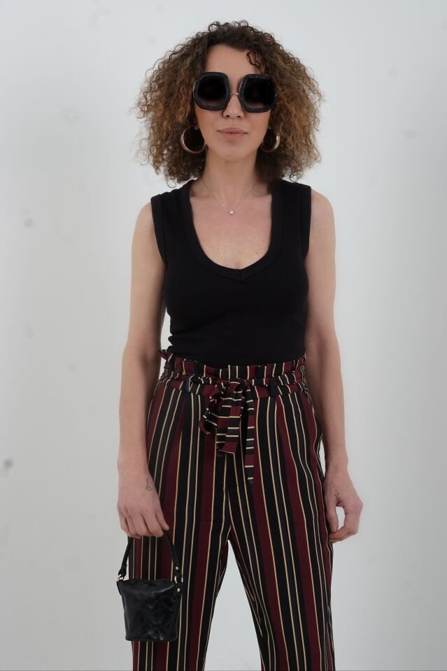 Çizgili Havuç Pantolon BORDO - L