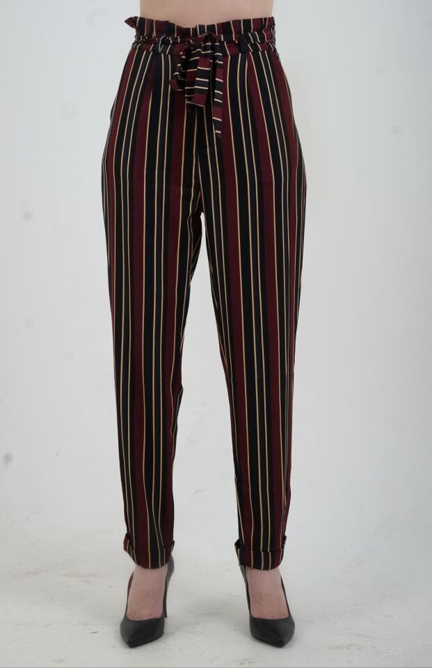 Çizgili Havuç Pantolon BORDO - S