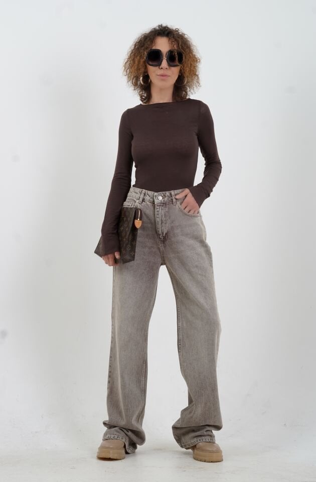 Kahve Kayık Yaka Modal Kaşmir Bluz